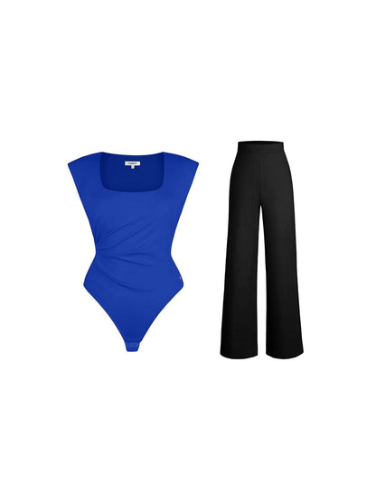 Shapewear Padded Shoulder Slimming Bodysuit Wide-Leg Pants Set