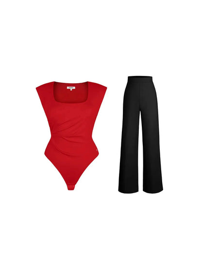 Shapewear Padded Shoulder Slimming Bodysuit Wide-Leg Pants Set