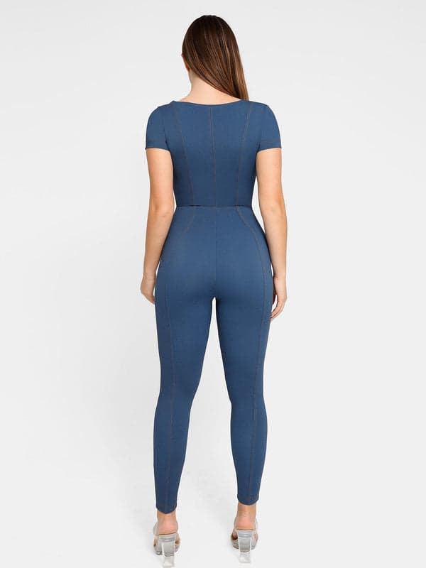 Shapewear Sculpting Denim Tank Flare Leg Jumpsuit