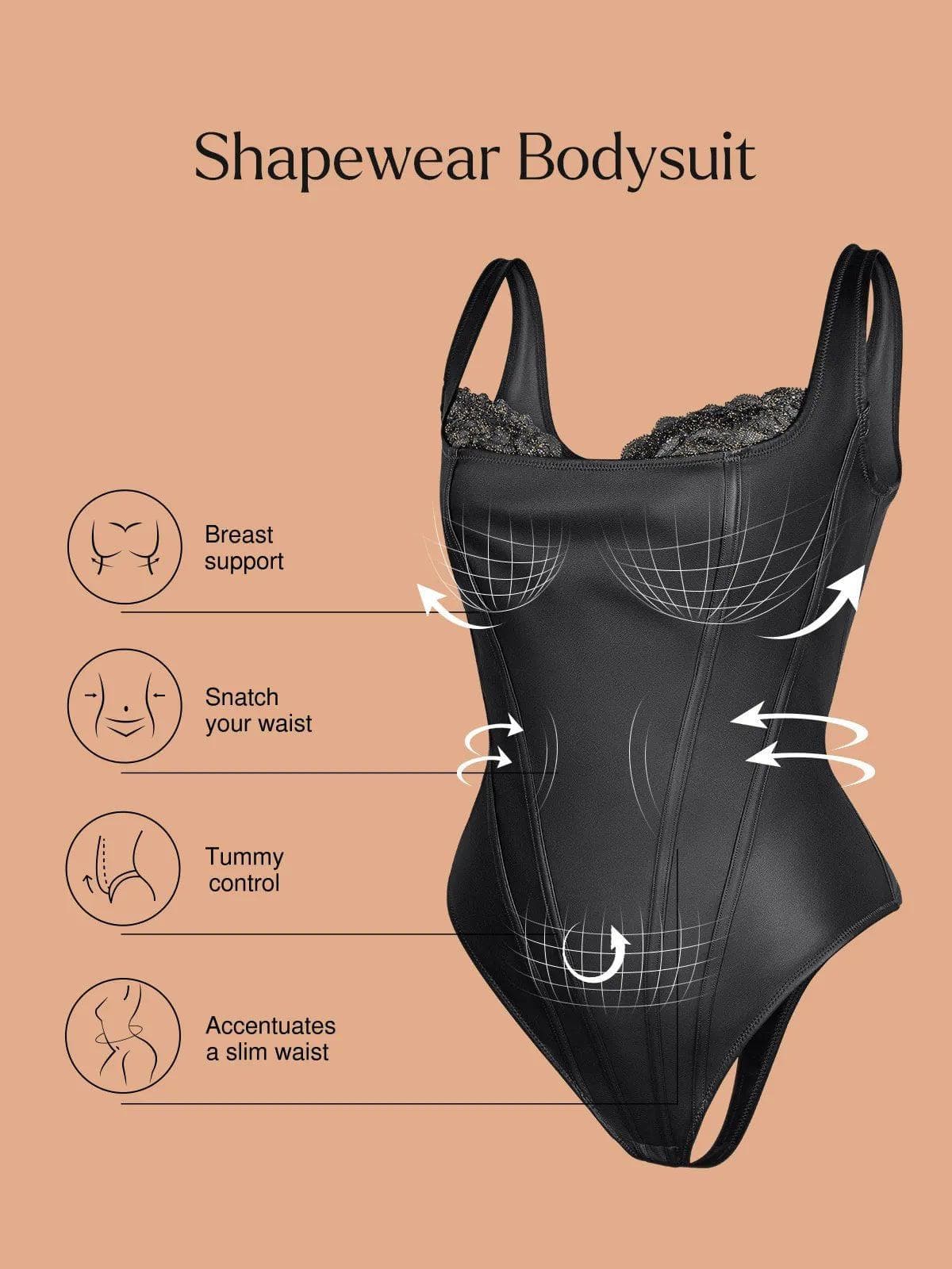 Shapewear Sculpting Faux Leather Lace Bodysuit Skirt Set