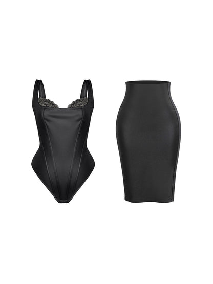 Shapewear Sculpting Faux Leather Lace Bodysuit Skirt Set