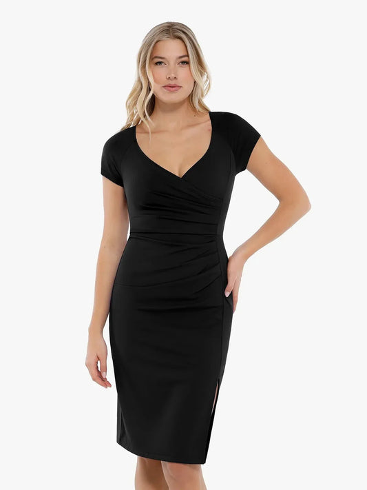 Work Dress Short Sleeve Midi Built-in Shapewear & Bra