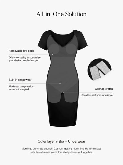 Work Dress Short Sleeve Midi Built-in Shapewear & Bra