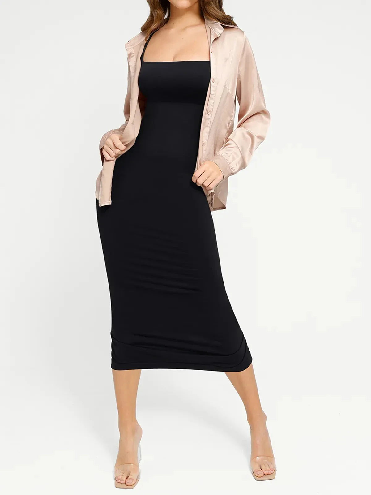 Shapewear Square Neck Sleeveless Slimming Midi Dress