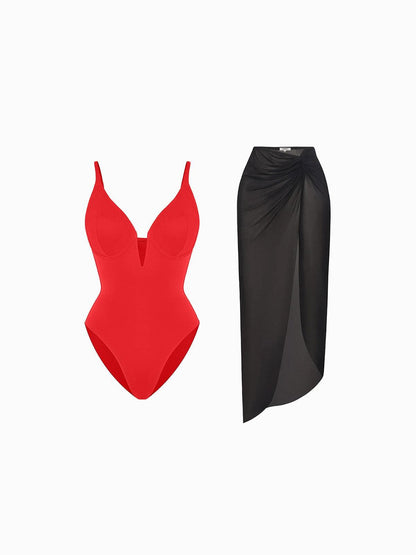 Shapewear Slimming One-Piece Swimsuit Mesh Coverup Set